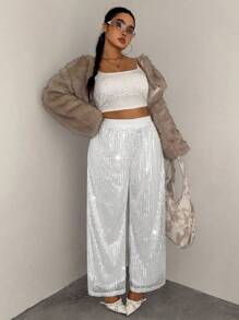 SHEIN EZwear Quần nỉ dài tay co giãn lấp lánh có dây rút cỡ lớn, thu/đông - Bạc - Xem 1