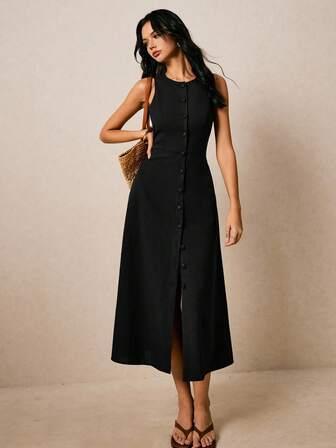 Poéselle 女式休闲纯色前扣无袖连衣裙，夏季