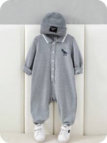 SHEIN Newborn Baby Boy/Girl Cute Cartoon Pattern Polo Collar Long Sleeve Romper, Autumn/Winter Baby Boys Outfit Baby Golf Outfit Baby Boy Going Home Outfit Baby Boy Dinosaur Outfit Fall