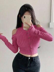 Dazy Designer Women's Slim Fit Brushed Off-Shoulder Long Sleeve Single-Breasted T-Shirt, Autumn/Winter - Hot Pink - View 5