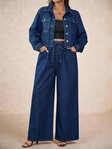 SHEIN Tall CURVE Plus Size 2PCS Women's Fall Autumn Back To School Homecoming Halloween Christmas Business Casual Woman Country Vintage Modest Old Money Business Casual Woman Work Clothes Teacher Outfits For Women Church Outfits WomenSolid Color Long Sleeve Top And Jeans Two Pieces Set Blue Wide Leg Jeans Button Up Shirt Women Denim Outfit Women