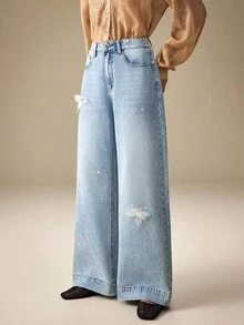 SHEIN Frenchy Damen Lässig Everyday Verwaschen Schrägtasche Destroyed Gerade Bein Jeans - Blau - Übersicht 4