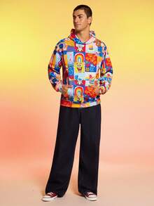 SpongeBob SquarePants | SHEIN 男士休闲卡通拼布印花口袋连帽衫，春秋季 - 彩色 - 查看 5