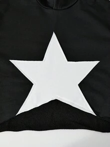 Sparklyn 2 件套青少年女孩休闲宽松星星和花朵印花短款连帽衫 T 恤和运动裤套装 - 黑色 - 查看 8