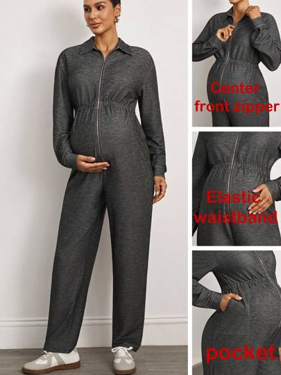 MaterniWear Maternity Grey Casual Solid Color Front Zipper Waist Elastic Band Pocket Jumpsuit  Business Casual Woman  Fall Women Clothes   Business Casual Woman  Beach  Gray  Chic Women's Jumpsuit