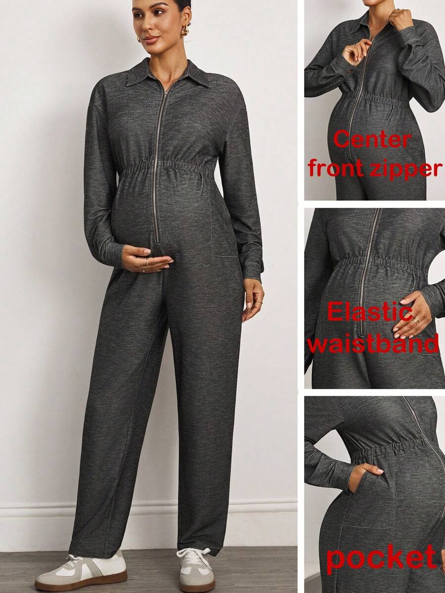 MaterniWear Maternity Grey Casual Solid Color Front Zipper Waist Elastic Band Pocket Jumpsuit  Business Casual Woman  Fall Women Clothes   Business Casual Woman  Beach  Gray  Chic Women's Jumpsuit
