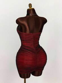 Amplova 大码女式万圣节低胸拼色镂空性感派对连衣裙 - 黑色 - 查看 4