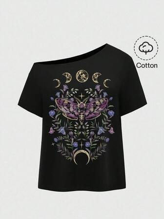 Goth Camiseta básica de unicolor con cuello asimétrico, gótica, oscura, misteriosa y sexy, de estilo callejero vintage, talla grande, ligera para el verano, Halloween