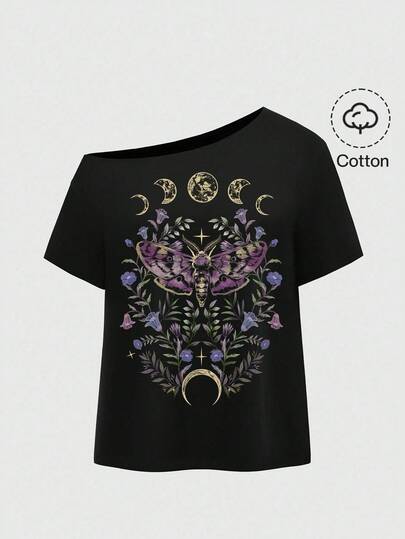 ROMWE Goth Gothic Dark Mysterious Sexy Asymmetric Neck Solid Color Basic Tee, Vintage Street Style, Plus Size, Summer Lightweight, Halloween
