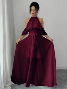 Elenzga Vestido elegante y romántico con hombros descubiertos y volantes en el bajo para mujeres - Burdeos - Ver 5