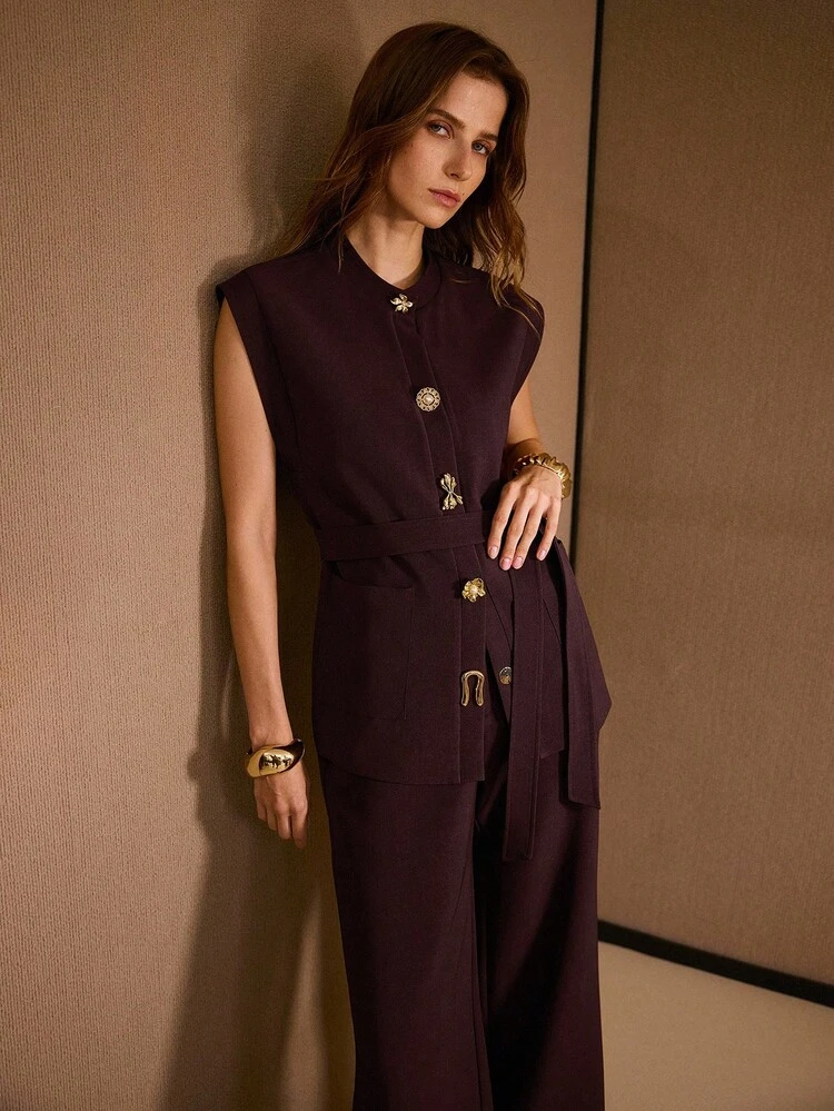 Women's Metal Decor Twist Front Top And Wide Leg Pants Elegant Fashion Suit