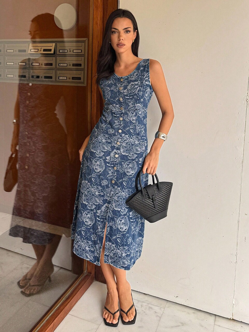 Women's Elegant Commuter Jacquard Front Button Sleeveless Waist Denim Dress Maxi Dress Boho Vacation Outfits Women