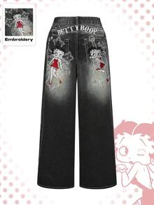 Betty Boop | ROMWE Pattern Embroidered With Gothic Cross & Vine Rose Distressed Wash Oversized Straight Leg Extra Long Y2K Jeans - Black - View 12
