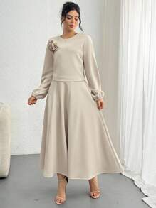 DAZY Women's Autumn 3D Floral Sweatshirt And A-Line Skirt 2 Pieces Set - Apricot - View 6