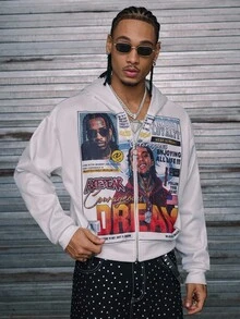 AXEPEAK Men's Casual Letter & Portrait Graphic Zip-Up Hoodie Sweatshirt, Autumn, For Fall Winter