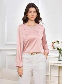 Miaspire Fall Elegant Women's Shirt, Pink Satin Fabric And Three-Dimensional Lace Splicing Design Elegant Top, Wedding Guest Versatile Top, Elegant Street Party Women's Top,Chic Tops - Pink - View 4