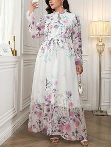 Ellevyn Plus Size Women's Elegant Floral Print Long Maxi Dress, Lightweight & Romantic, Suitable For Summer & Autumn