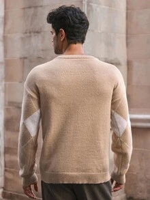 HIMLAND 男士菱形提花针织毛衣，略宽松，秋冬男士毛衣男士套头衫男士针织套头毛衣钻石纹毛衣菱形毛衣 - 卡其色 - 查看 5