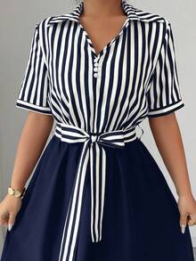 Elenzga 女式条纹短袖系带中长连衣裙 - 藏蓝色 - 查看 3