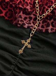 ROMWE J-Fashion Y2K Harajuku Gyaru Retro Leopard Print Rhinestone Metal Chain Halter Neck Ruffle Trim Bodycon Women T-Shirt - Burgundy - View 2