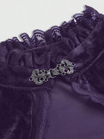 Goth Blouse élégante pour femmes avec col montant, manches évasées en velours et patchwork de dentelle