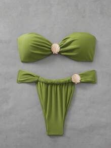 Swim Basics Springbreak Women's Summer Solid Color Bandeau Shell Decor Thong Bikini Set - Green - View 3
