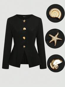 SHEIN Sweetro Plus Size Elegant Metal Buckle Decor Commuter Jacket Fall Winter Cloth For Women Autumn - Black - View 1