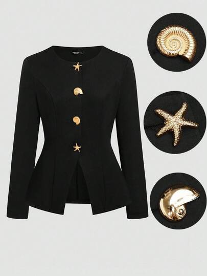 SHEIN Sweetro Plus Size Elegant Metal Buckle Decor Commuter Jacket Fall Winter Cloth For Women Autumn