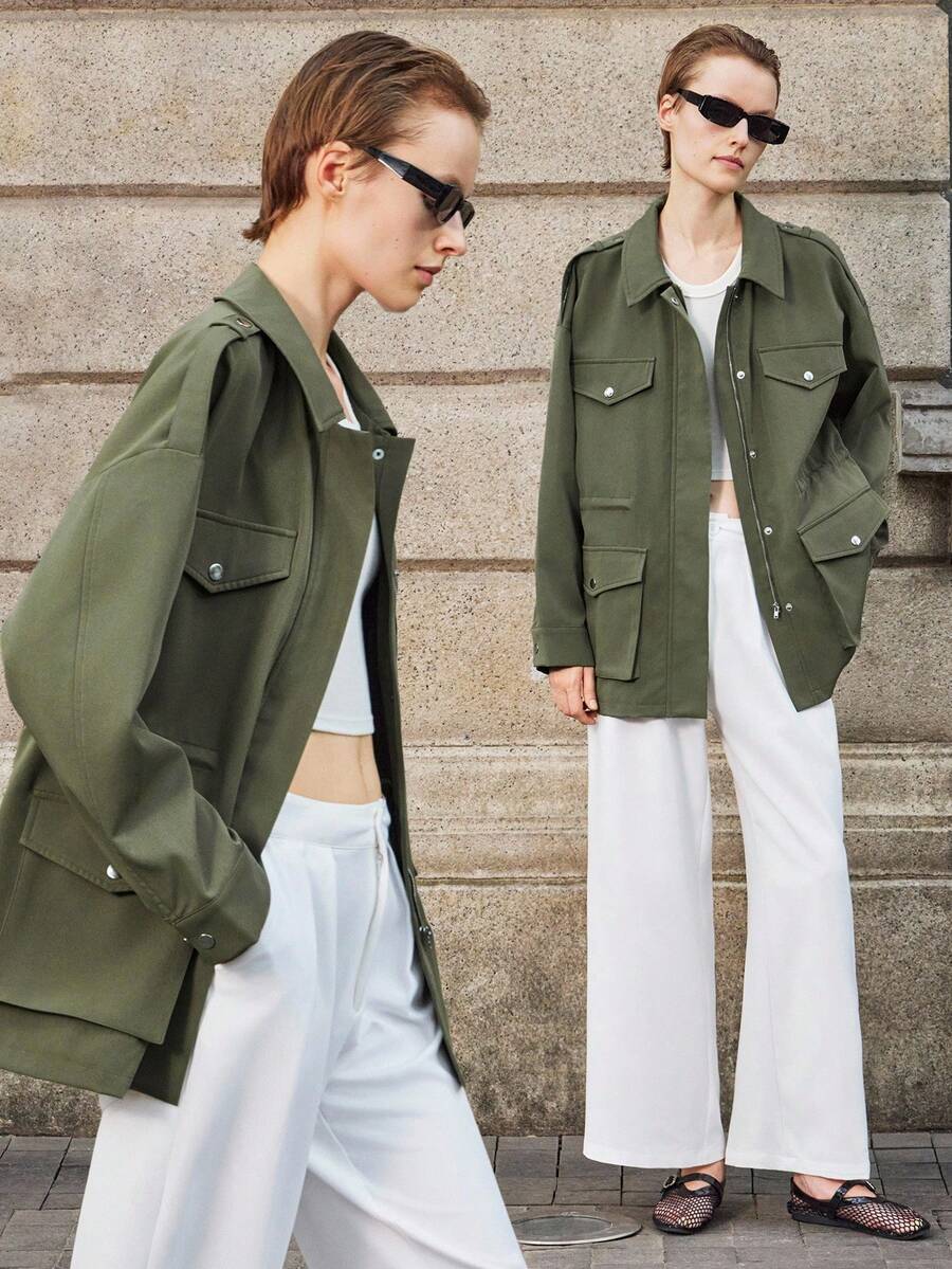 Lumivelle Business Casual Woman Fall Women Clothes Women's Solid Color Utility Pocket Drop Shoulder Cinched Waist Regular Jacket Casual Outfits Spring Clothes For University - Army Green - View 1