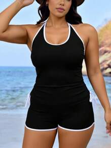 Swim SPRTY Plus Size Women's Contrast Color Round Neck Adjustable Strap Criss Cross Back Drawstring Waist Loose Flowy Top, Paired With High Waist Bikini Bottom, Elegant & Sexy Beach Vacation Swimsuit For Summer