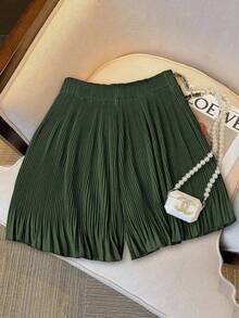 Franclia Quần short xếp ly trơn màu thường ngày cỡ lớn mùa hè - Màu xanh Ô liu - Xem 2