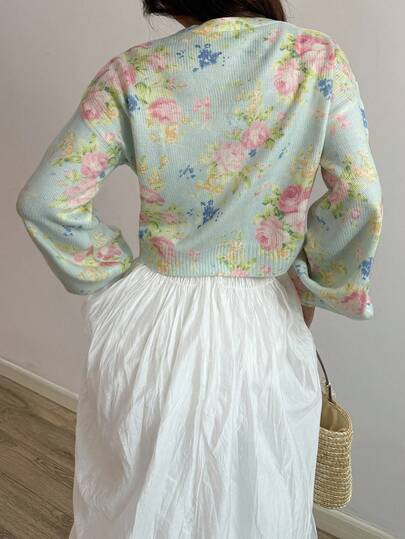 Sunnyshic Women's Vintage Cute Sweet V-Neck Jacquard Pink Rose Flower Long Puff Sleeve Cardigan Sweater For Women, Vacation Fall Winter Cloth For Women