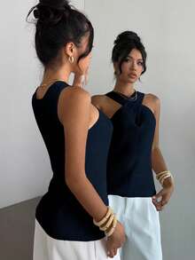 Elenzga Áo len dệt kim cổ chéo thiết kế tối giản, giản dị - Màu xanh lam - Xem 2