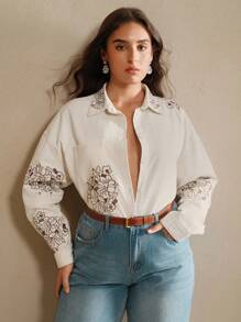 Anewsta 女式奢华刺绣水钻装饰白色牛仔夹克 - 杏色 - 查看 5