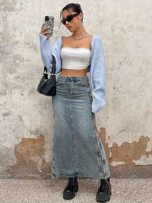 EURMUSE Áo khoác cardigan hở vai hở trước Y2K Grunge không có áo ống - Màu xanh nhạt - Xem 6