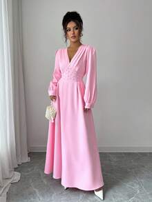 Elenzga Robe élégante à manches longues, col en V, manches bouffantes et perles, couleur unie pour femmes