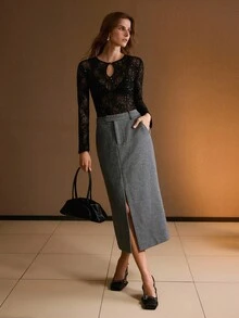 MOTF PREMIUM WOOL SLANT POCKET SPLIT SKIRT - Grey - View 7