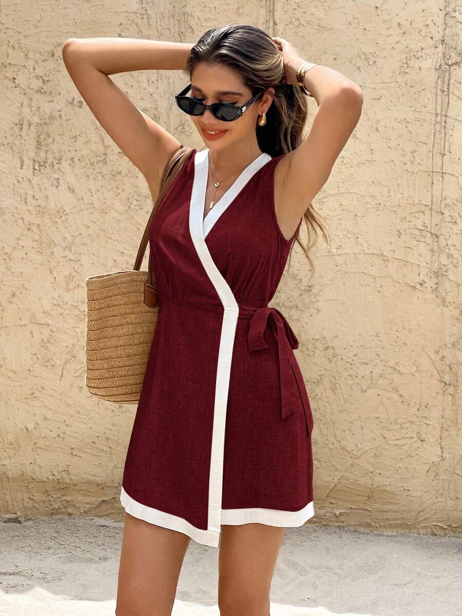 SHEIN Frenchy Váy ngắn nữ màu đỏ rượu vang và trắng tương phản - Màu Đỏ Sâu - Xem 1