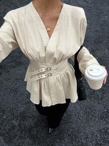 Siren Gaze 收腰双排扣双腰带长袖衬衫，柔软亲肤，杏色，上班度假皆宜