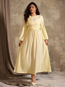 Flirla Große Größen Maxikleid für Damen, lässig-elegant, langärmlig, einfarbig in sanftem Gelb, französischer romantischer Stil, geeignet für Büro, Urlaub, Frühling/Herbst/Winter - Gelb - Übersicht 5