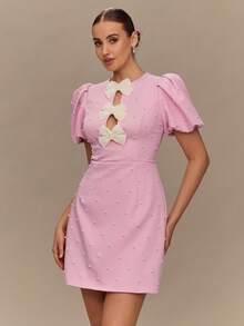 Enchnt 女士珍珠蝴蝶结装饰短袖连衣裙 - 粉色 - 查看 4