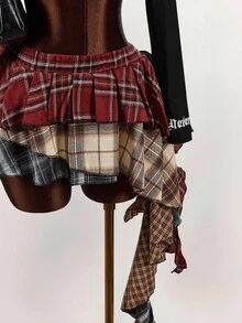 Amplova 不对称荷叶边下摆混合格子迷你裙 - 彩色 - 查看 5