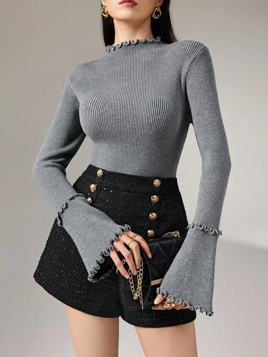 Heiryn Versatile Commute & Casual Wear, Mock Neck Ruffle Trim Flare Sleeve Knit Sweater In Fall/Winter