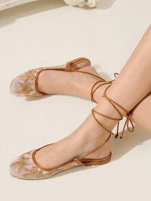 CUCCOO TILAWA 女士平底一脚蹬鞋，网眼刺绣方头穆勒鞋，优雅迷人风格 - 棕色 - 查看 4