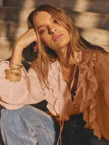 Aralina Winter Long Sleeved Ruffled Front Full Length Maxi Boho Cardigan Dress - Coral Pink - View 3