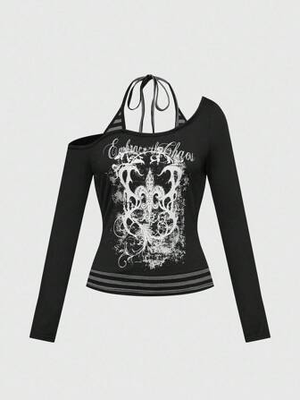 Grunge Punk Gyaru Summer Beach West Concert Women Raves Festival Streetwear Sexy Y2K 2 In 1 Asymmetric Shoulder Striped Contrast Color Vine Print Spade Halter Bowknot Women T-Shirt