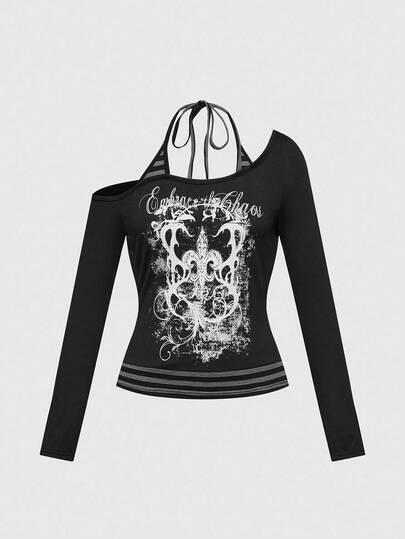 Grunge Punk Gyaru Sommer Strand West Konzert Frauen Raves Festival Streetwear Sexy Y2K 2 in 1 asymmetrisches Schulter gestreiftes Kontrast Farbvine Muster Spaten Träger Schleife Frauen T-Shirt