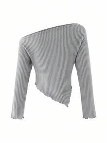 SHEIN 青少年女孩 2 件套：罗纹露肩长袖修身上衣，下摆不对称，配阔腿裤，休闲家居服或街头装 - 灰色 - 查看 5