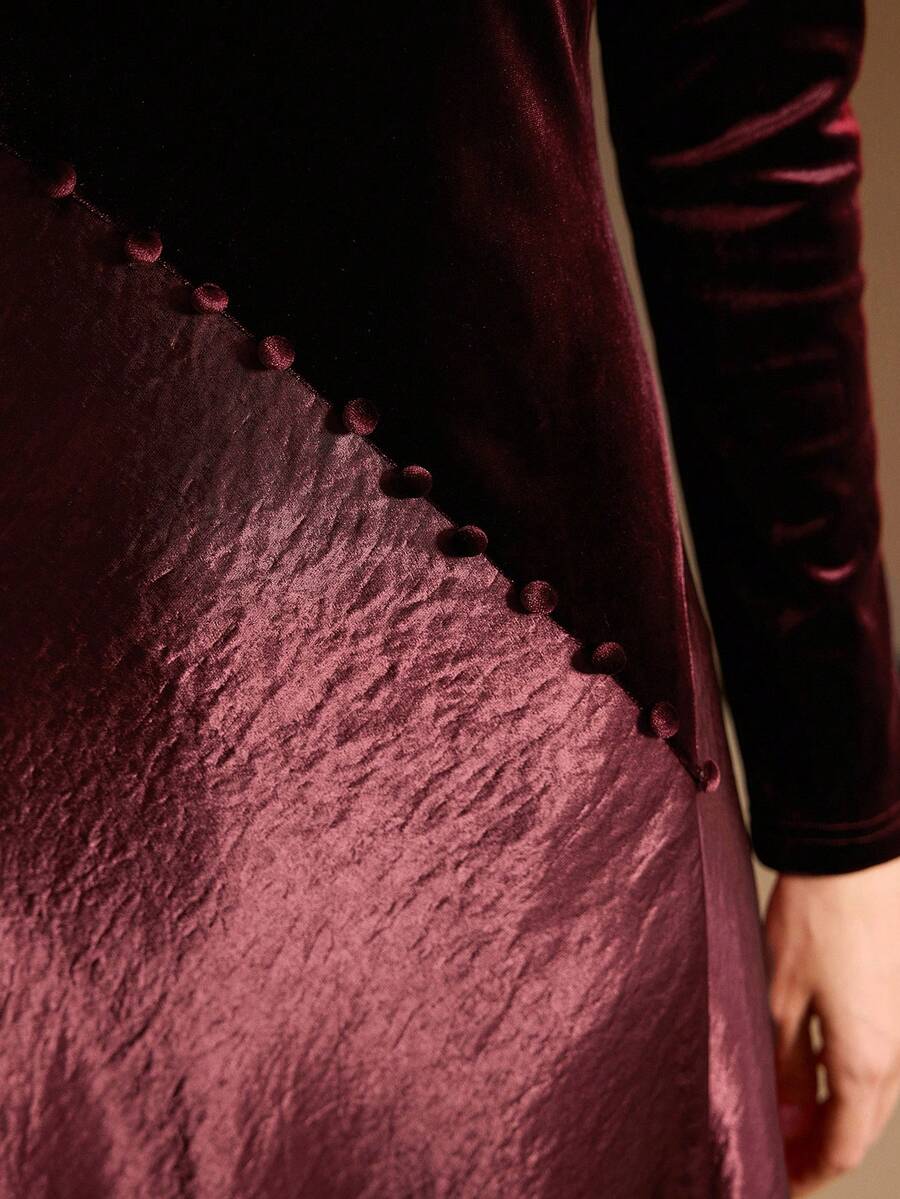 MOTF PREMIUM 天鹅绒缎面混合材质开衩长裙 - 酒紅色 - 查看 2