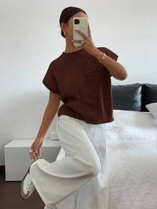 Siren Gaze 女式花卉蝙蝠袖短袖宽松休闲针织上衣，秋季 - 摩卡棕 - 查看 3